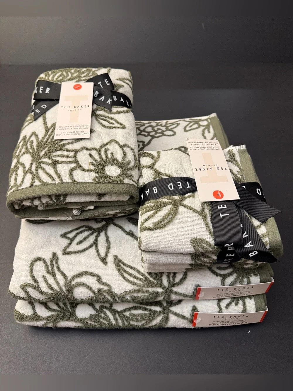 8pc TED BAKER London 100% Cotton Bath Towel Set - Quick Dry - Olive Green/White